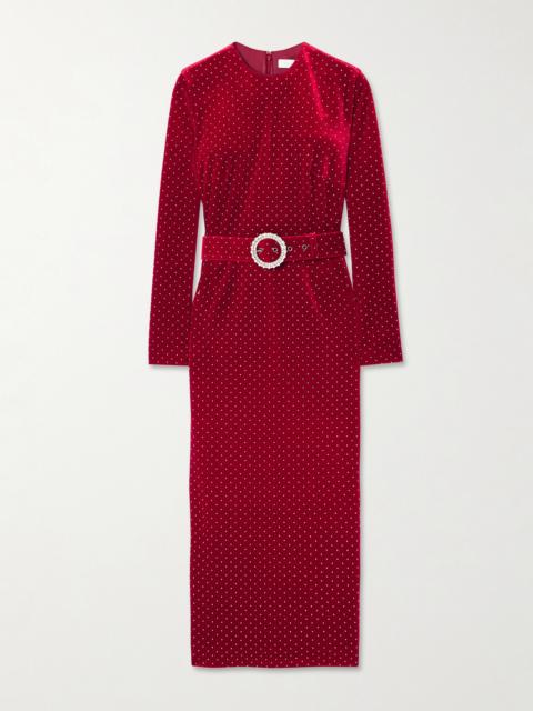 Kiara Belted Crystal-embellished Stretch-velvet Midi Dress