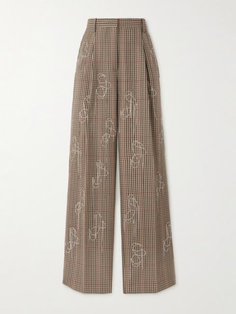 Crystal-embellished Checked Wool Wide-leg Pants
