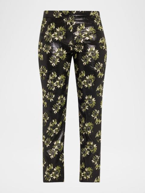 Lacquered Sunflower Jacquard Slim-Leg Ankle Pants