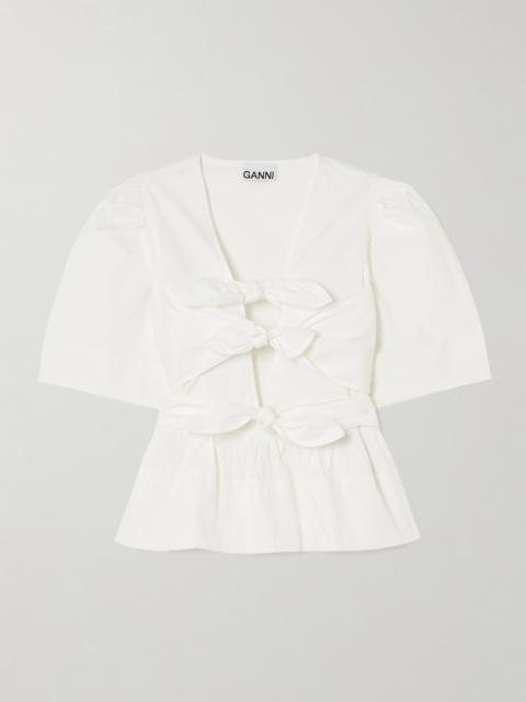 Belted Tie-detailed Gathered Cotton-blend Poplin Blouse