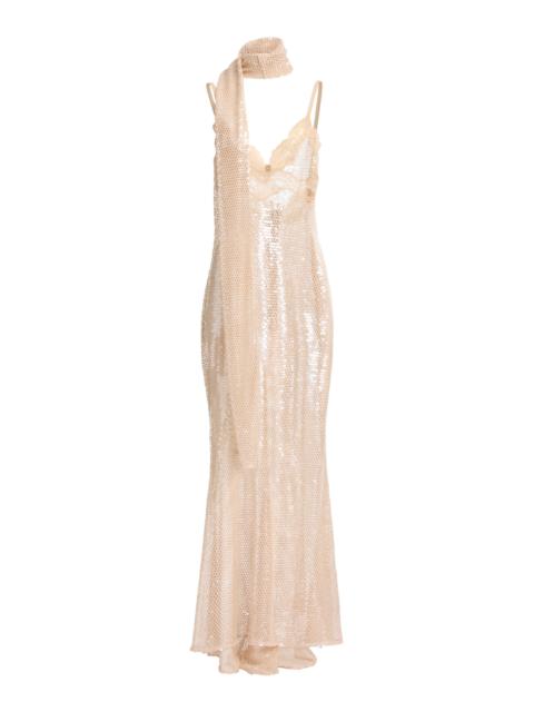 Sequin Mesh Long Dress With Lace Border nude