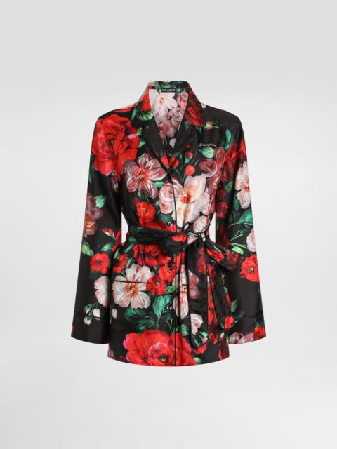 Long-sleeved twill pajama shirt with rose print