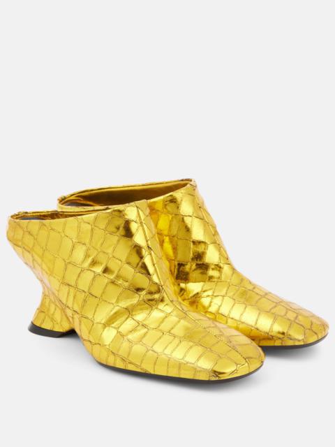 Croc-effect leather wedge mules