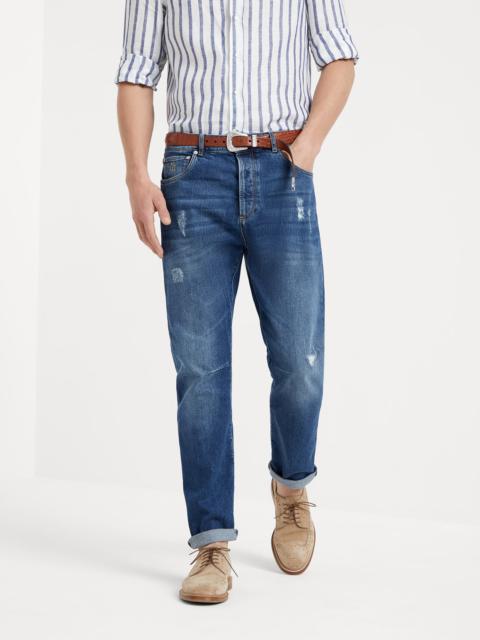 Comfort cotton denim leisure fit five-pocket trousers with rips