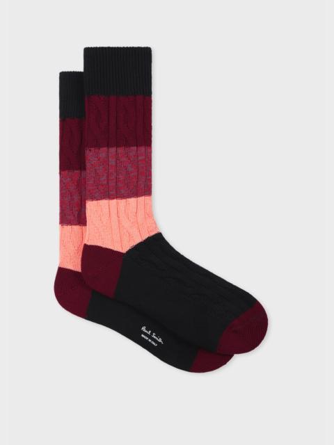 Black Cable Knit Block Stripe Socks