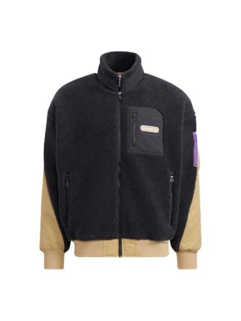 Men's adidas originals Mr Sherpa Jkt Suede Splicing Stand Collar Logo Sports Jacket Black HC0374