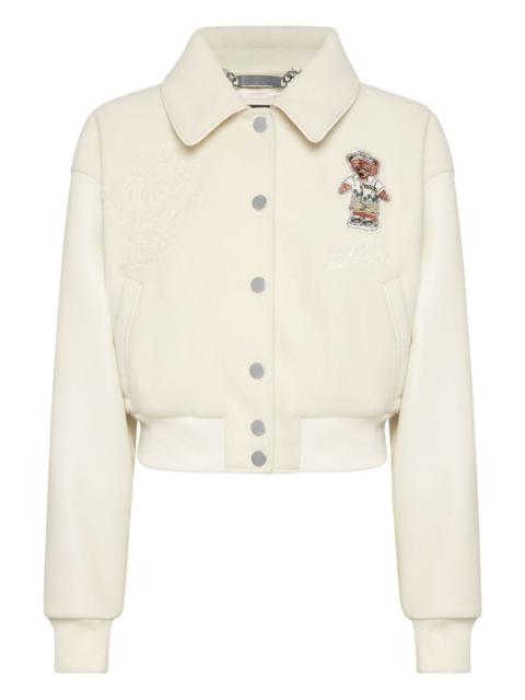 teddy-embellished leather bomber jacket