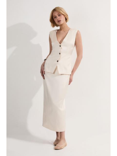 Premium Viscose Linen Tailored Ruffle Pencil Midi Dress