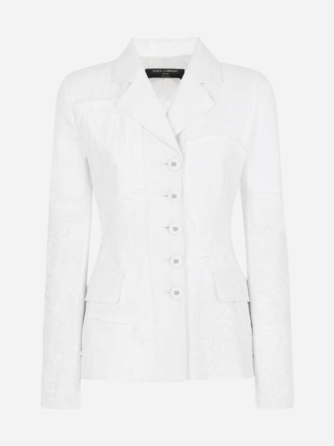 Single-breasted denim and lace patchwork jacket