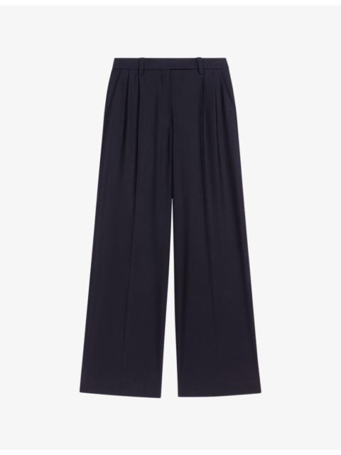 Pressed-creases pleated wide-leg mid-rise stretch-woven trousers
