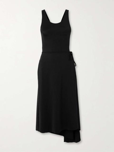 Asymmetric stretch-scuba midi wrap dress