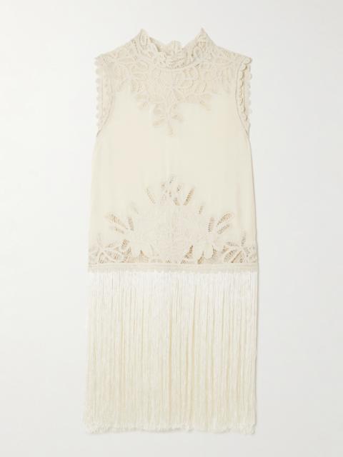 Adelina Tie-side Fringed Lace-paneled Woven Top