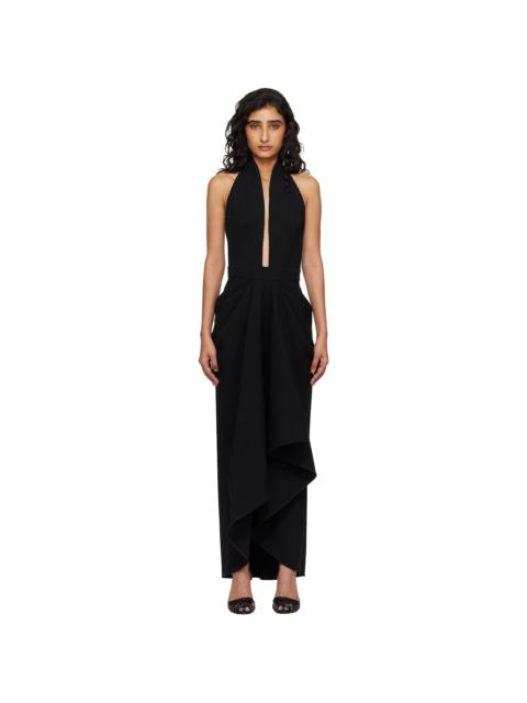 Black Draped Wool Maxi Dress