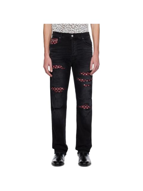 Black Leather Bandana Repaired Slim Jeans