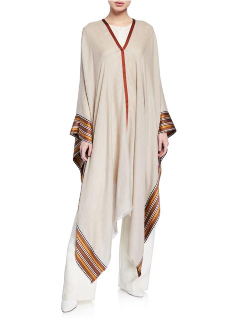 V-Neck Poncho w/ Multi-Stripe Hem