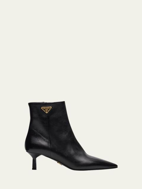 Triangle Logo Leather Kitten-Heel Booties