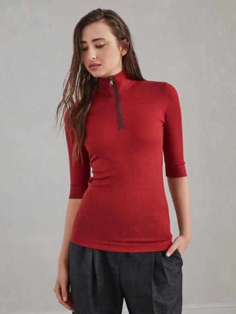 Ribbed wool jersey turtleneck t-shirt with precious half zip