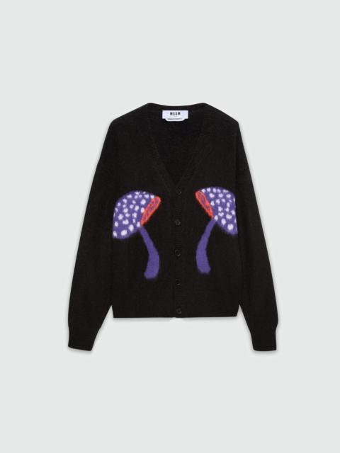 Black brushed mohair cardigan with "Fantastic Mushroom" jacquard pattern