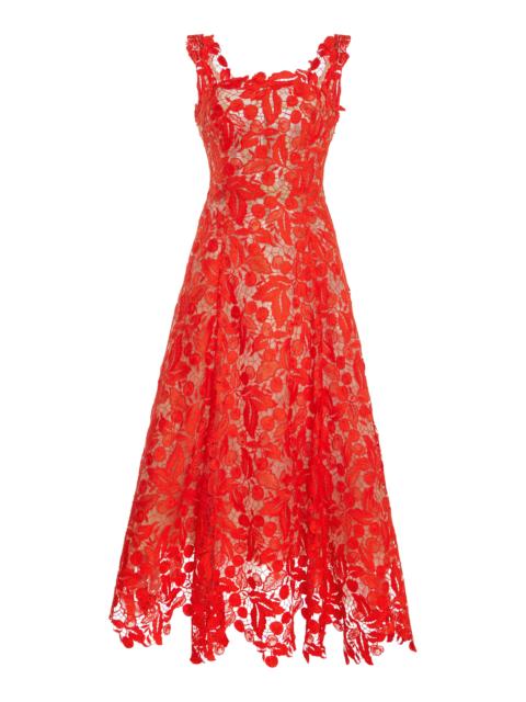 Floral Guipure Midi Dress red