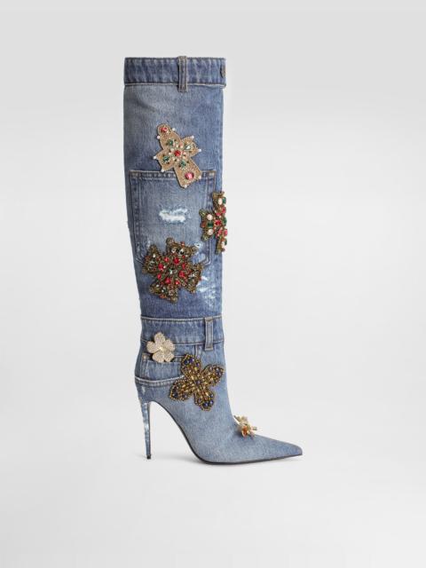 Denim boots with embroidery and stones