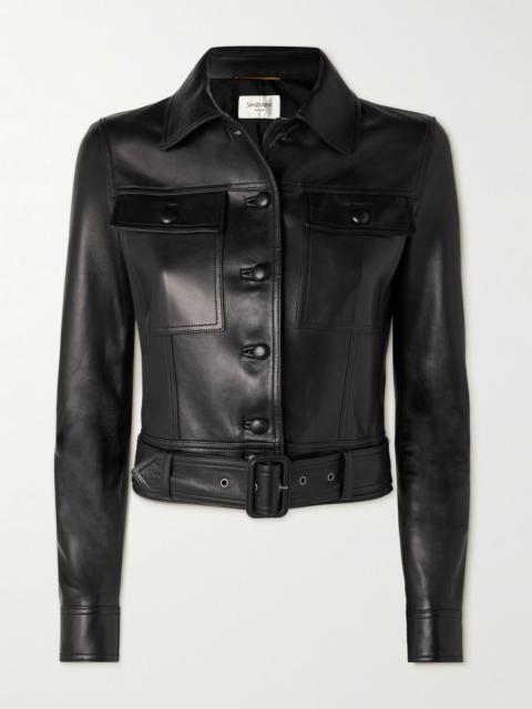 Belted leather biker jacket Black