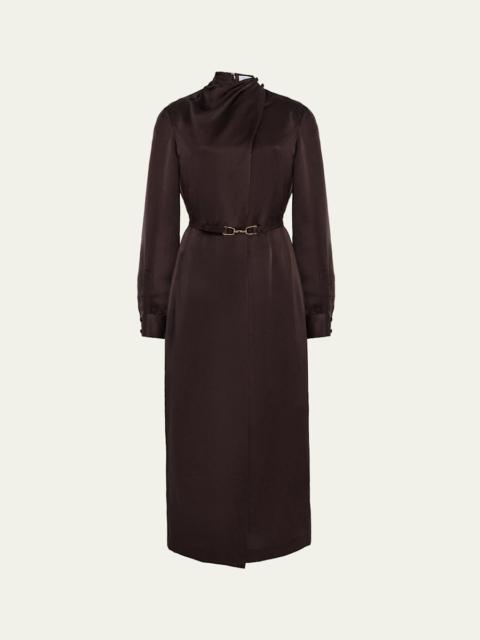Josef Draped Textured Silk Long-Sleeve Midi Dress With Belt