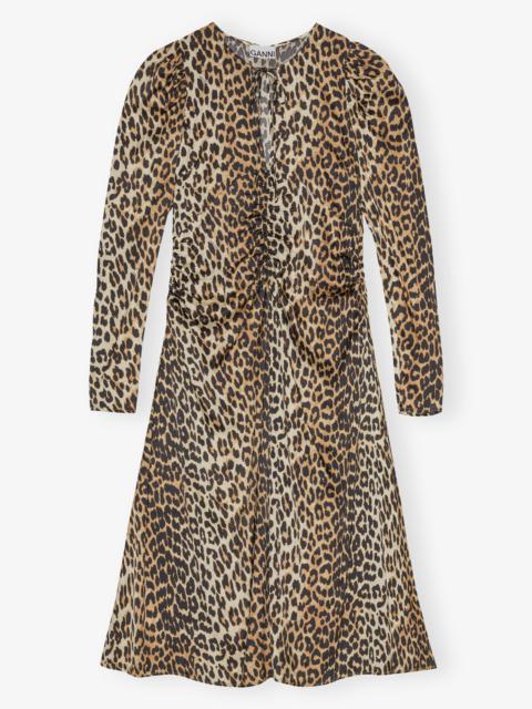 LEOPARD PRINT SATIN RUCHED MIDI DRESS