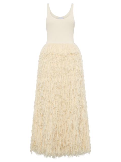 Elianor Fringe Knit Maxi Dress in Off White Silk Cashmere