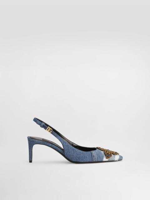 Denim patchwork slingback with embroidery