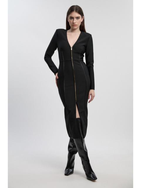 Petite PU Tipped Detail Zip Through Bandage Knit Midi Dress