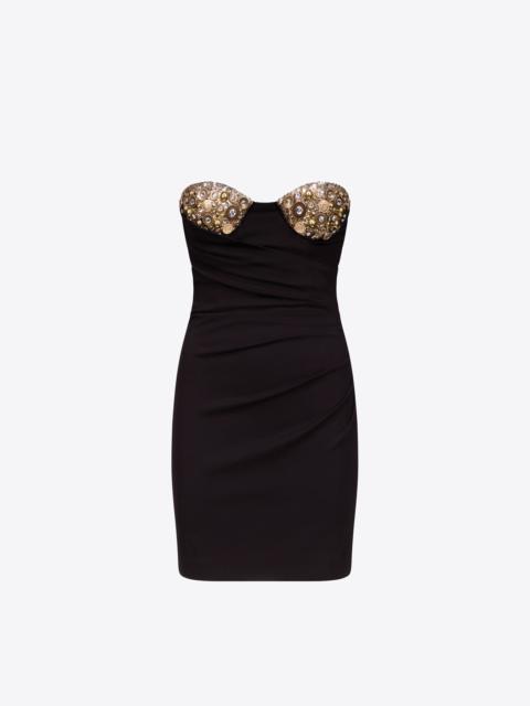 EMBROIDERED CRYSTAL BUTTON CLUSTER DRAPED MINI DRESS