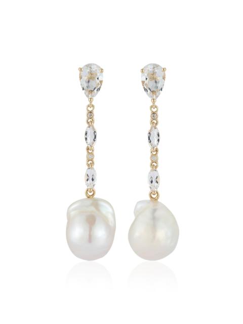 14K Yellow Gold Diamond, Pearl, & Topaz Earrings white