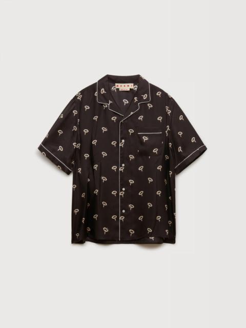 BROWN SILK TWILL PAJAMA SHIRT WITH FLORAL PRINT