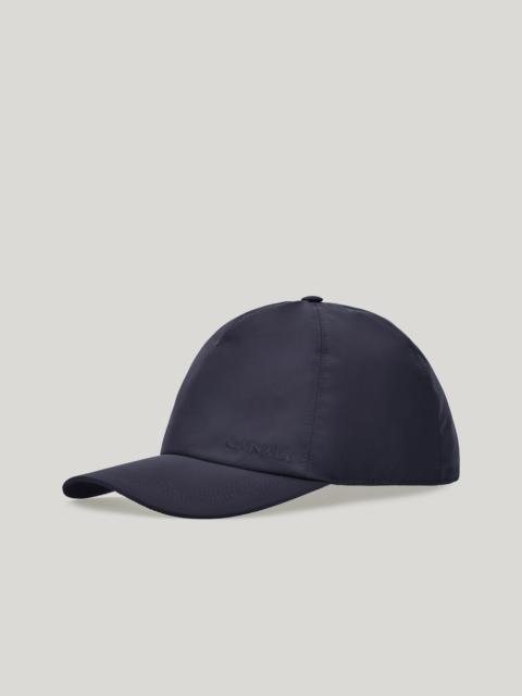 BLUE BASEBALL CAP WITH EMBROIDERED LOGO AND ADJUSTABLE LEATHER CLOSURE