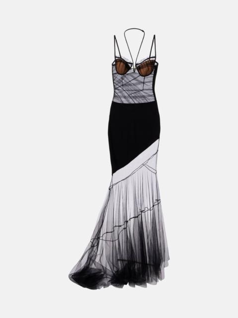 Asymmetric draped sheer maxi dress