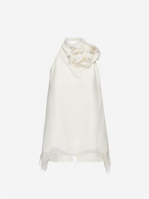 Silk open-back lace-trim blouse in cream