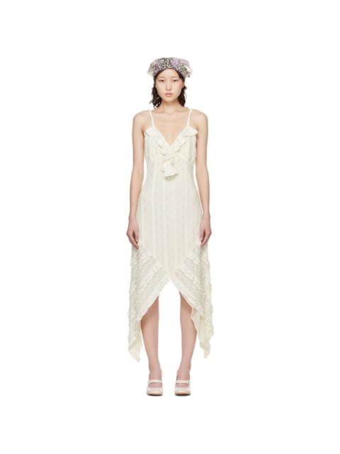 Off-White Floral Ruffle Stretch Lace Handkerchief Midi Dress
