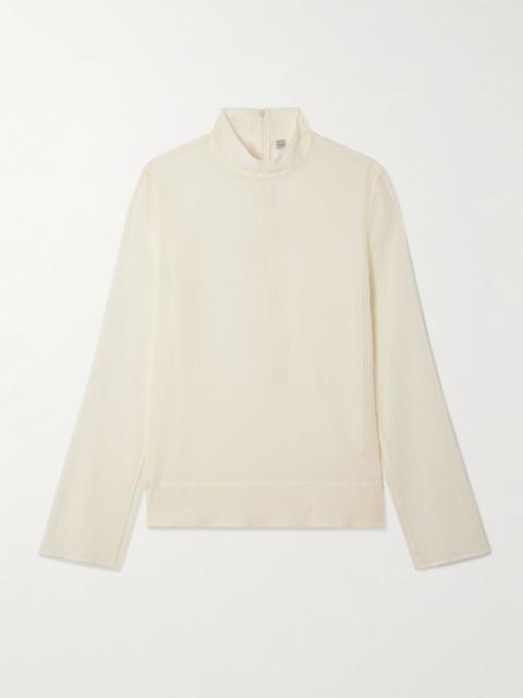 Cotton and silk-blend crepon turtleneck blouse Ecru