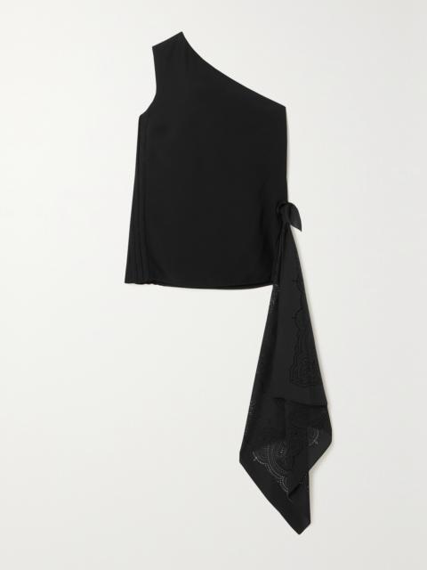 One-shoulder Draped Perforated Crepe And Ribbed-knit Top