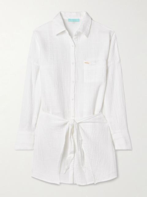 Sara tie-front crinkled cotton-gauze mini shirt dress White