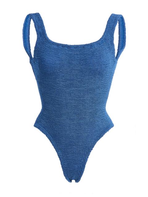 Square-Neck Seersucker One-Piece Swimsuit blue