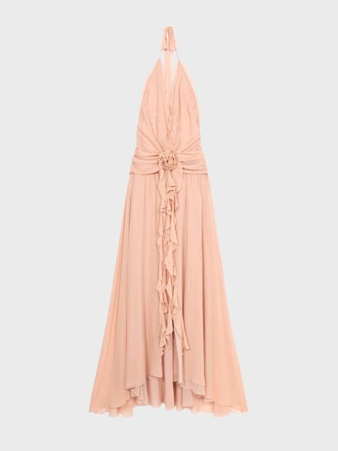 LONG GEORGETTE DRESS WITH RUFFLES AND ROSE DECORATION