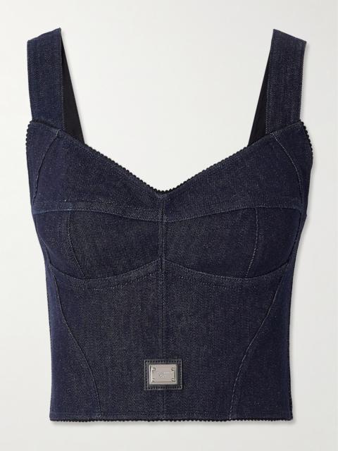 Picot-trimmed Denim Bustier Top
