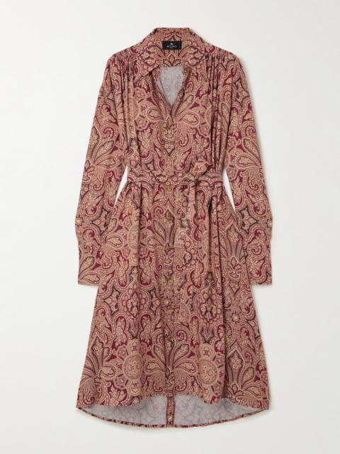 Asymmetric Belted Paisley-print Woven Midi Shirt Dress