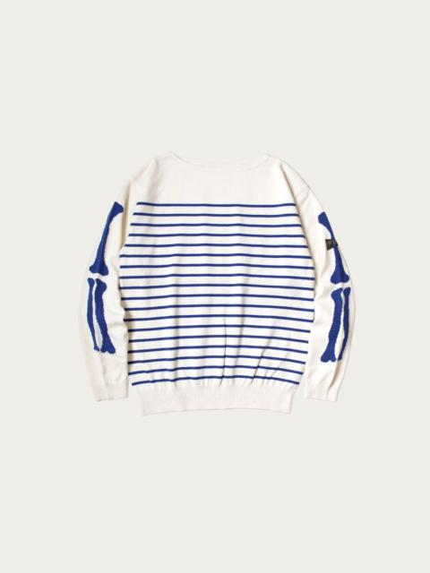 12G Panel Stripe Knit Boat-Neck Sweater (BONE Sleeve) - Navy Blue