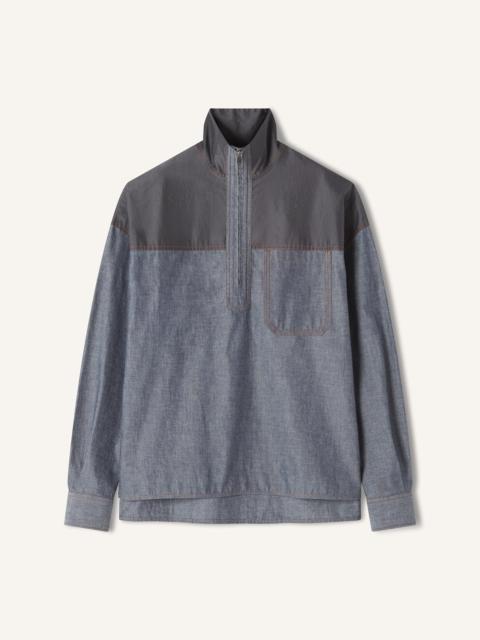 BLUE HIGH ZIP-NECK CHAMBRAY TOP