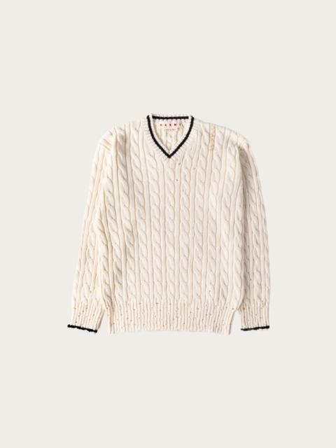 Disheveled Cotton 5G V Neck Sweater - Natural White