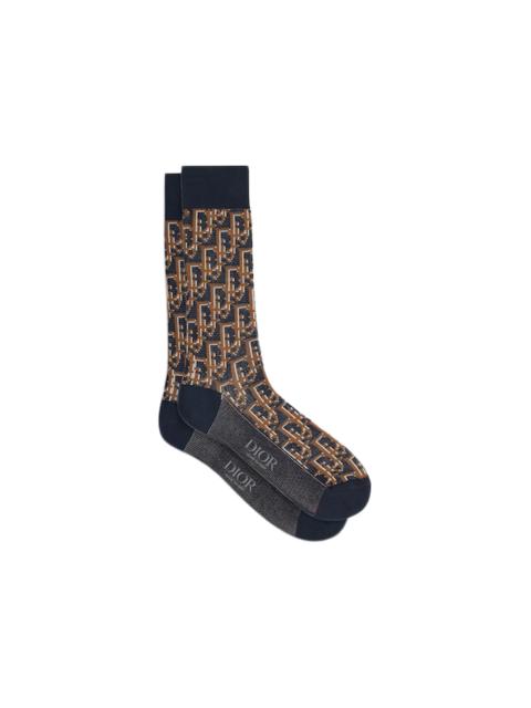 Dior Oblique Socks Navy Blue/Brown/Beige Jacquard