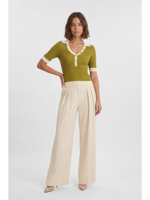 Knit Rib With Contrast Hem Detail Collared Short Sleeve Top