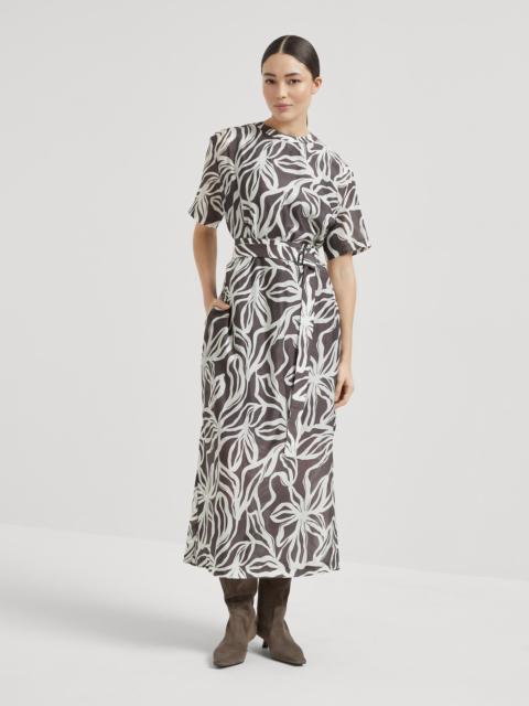 Silk floral print pongée midi T-shirt dress with monili